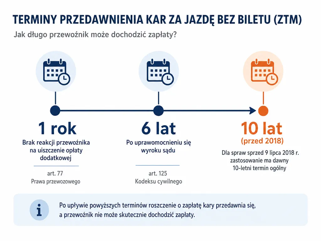 Oś czasu pokazująca terminy przedawnienia mandatu ZTM: 1 rok, 6 lat po wyroku i 10 lat sprzed 2018