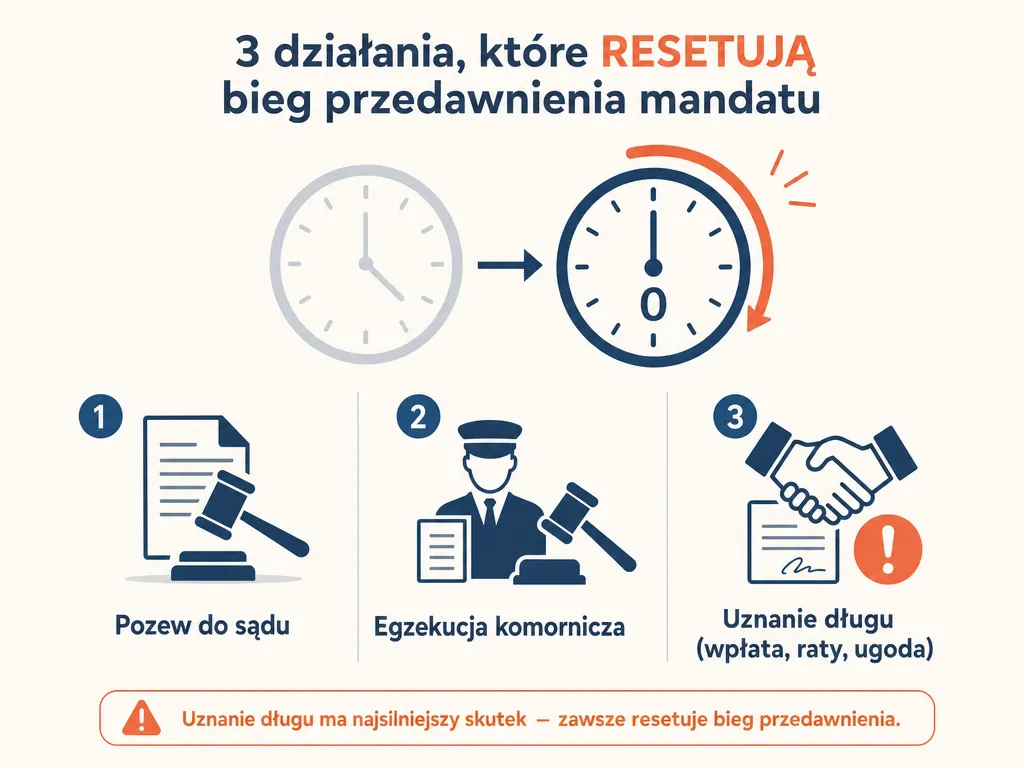 Infografika trzech czynności przerywających bieg przedawnienia mandatu: pozew, egzekucja, uznanie długu