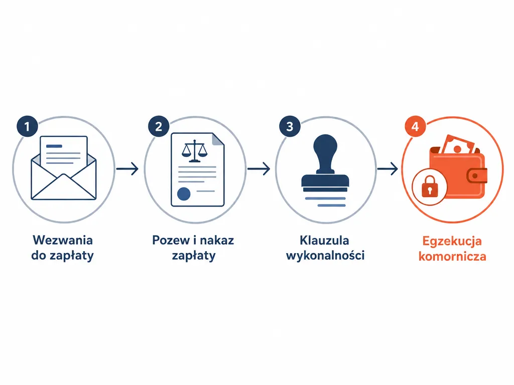 Diagram ścieżki dochodzenia należności za mandat ZTM: wezwania, pozew, klauzula, egzekucja
