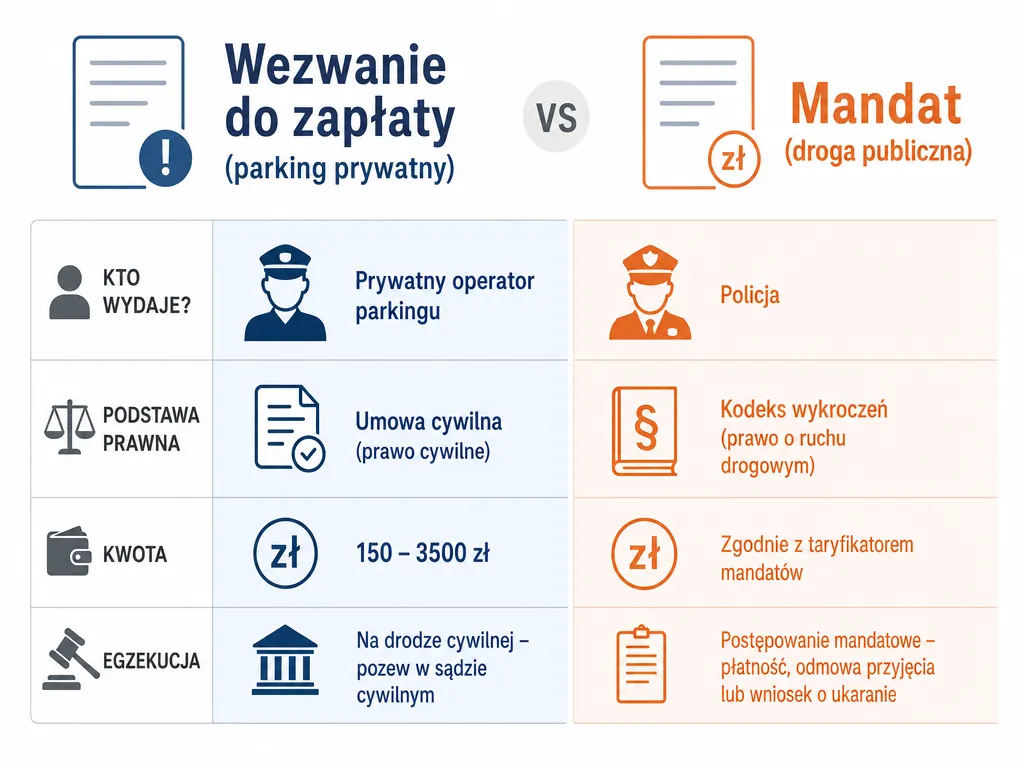 Infografika porównująca wezwanie do zapłaty za parking z mandatem na drodze publicznej