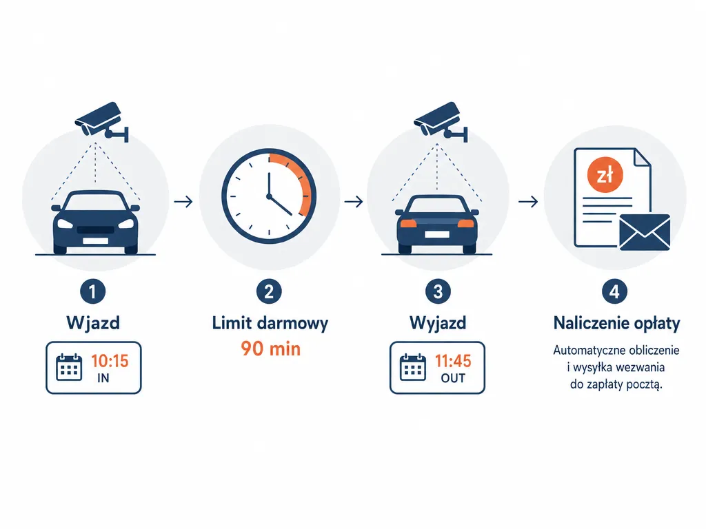 Diagram działania systemu kamer rozpoznających tablice na parkingu supermarketu