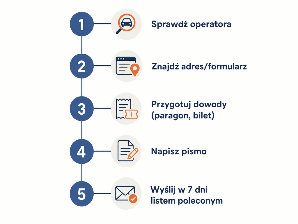 Diagram pięciu kroków odwołania od wezwania do zapłaty za parking