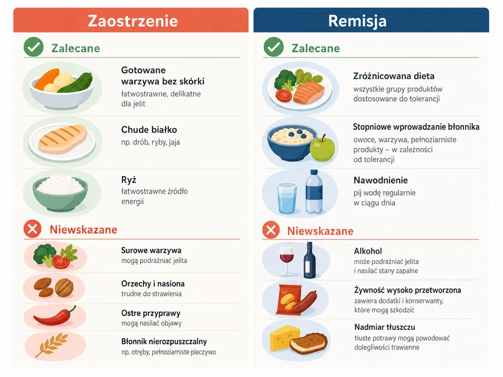 Infografika porównująca zalecenia dietetyczne w chorobie Crohna w fazie zaostrzenia i remisji - produkty zalecane i niewskazane