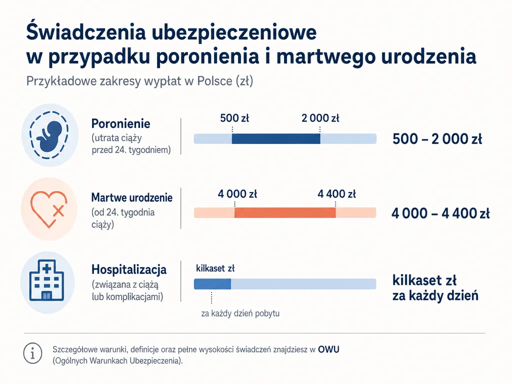 Infografika przedstawiająca zakresy wypłat z ubezpieczenia: poronienie 500-2000 zł, martwe urodzenie 4000-4400 zł, hospitalizacja za dzień