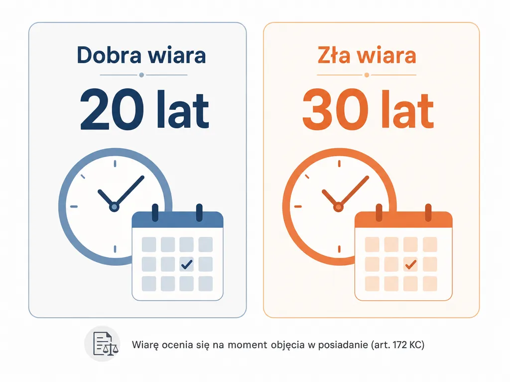 Infografika porównująca okresy zasiedzenia: 20 lat w dobrej wierze i 30 lat w złej wierze