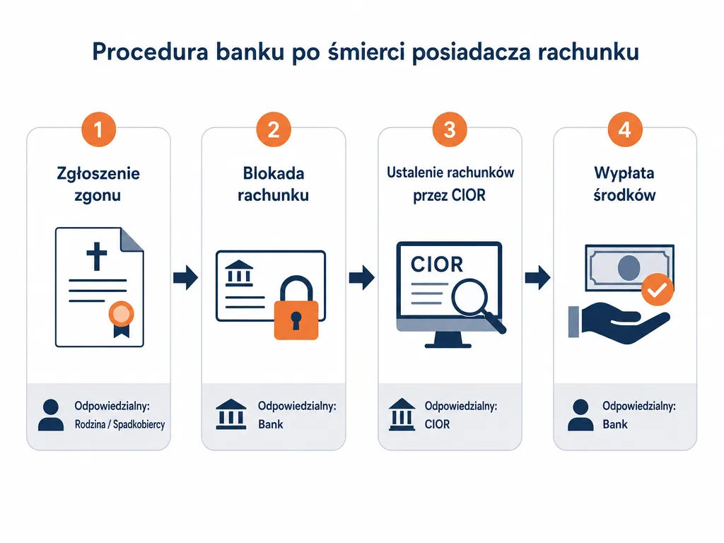 Diagram procedury bankowej po śmierci właściciela konta w czterech etapach