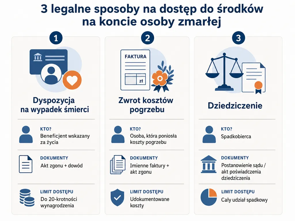 Infografika porównująca trzy legalne sposoby dostępu do środków zmarłego