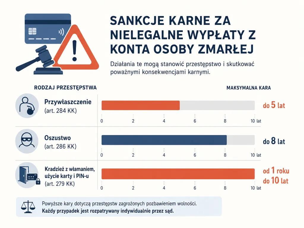 Infografika porównująca sankcje karne za nielegalną wypłatę z konta zmarłego według Kodeksu karnego
