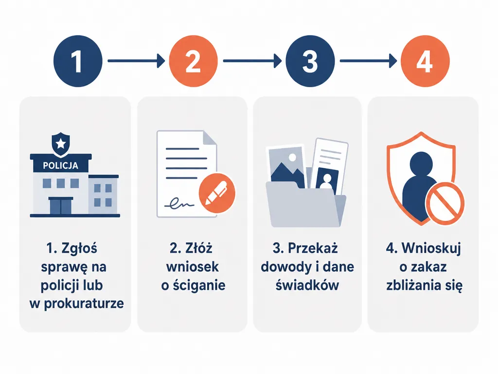 Flowchart czterech kroków zgłoszenia sprawy o nękanie na policji lub w prokuraturze