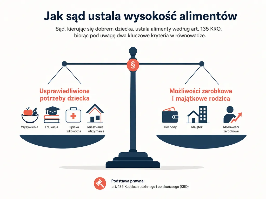 Infografika w formie wagi pokazująca dwie przesłanki ustalania alimentów według art. 135 KRO