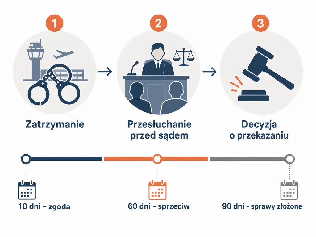 Diagram procedury ENA - zatrzymanie, przesłuchanie przed sądem i decyzja o przekazaniu z terminami 10, 60 i 90 dni