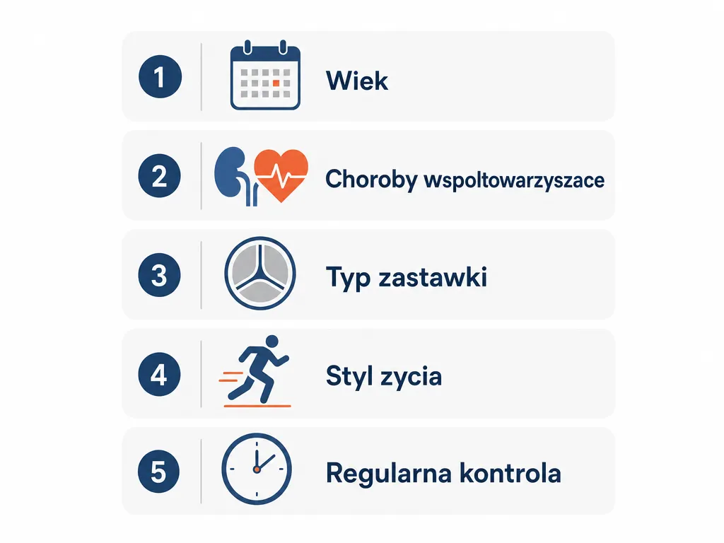 Infografika przedstawiajaca 5 czynnikow wplywajacych na dlugosc zycia po wymianie zastawki aortalnej