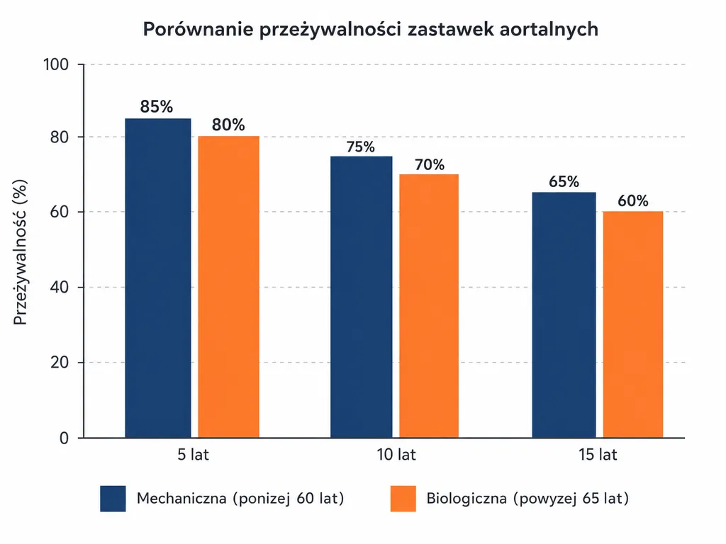 Wykres slupkowy porownujacy przezywalnosc 5, 10 i 15 lat dla zastawki mechanicznej i biologicznej