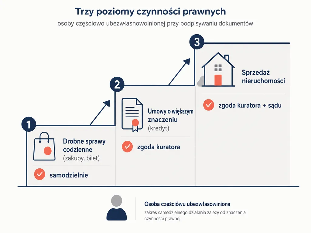 Diagram trzech poziomów czynności prawnych: drobne sprawy samodzielnie, umowy za zgodą kuratora, sprzedaż nieruchomości za zgodą sądu