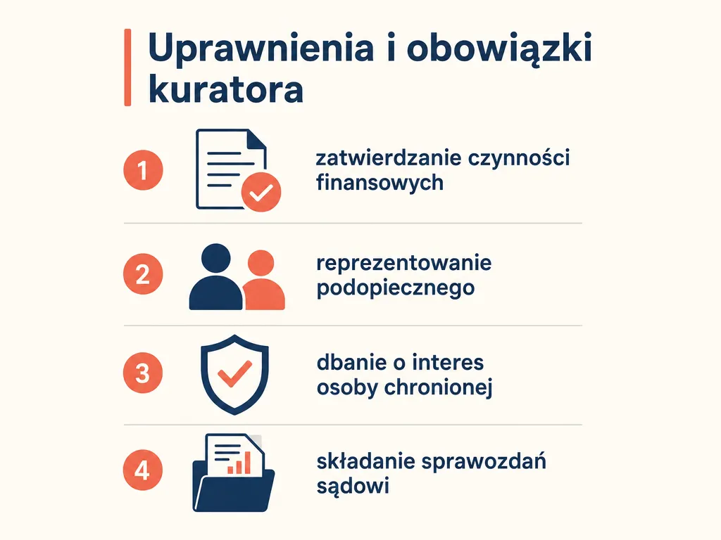 Wizualna lista czterech uprawnień i obowiązków kuratora osoby częściowo ubezwłasnowolnionej