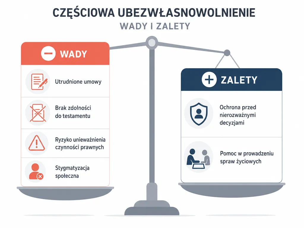 Infografika zestawiająca wady i zalety ubezwłasnowolnienia częściowego w układzie dwóch kolumn