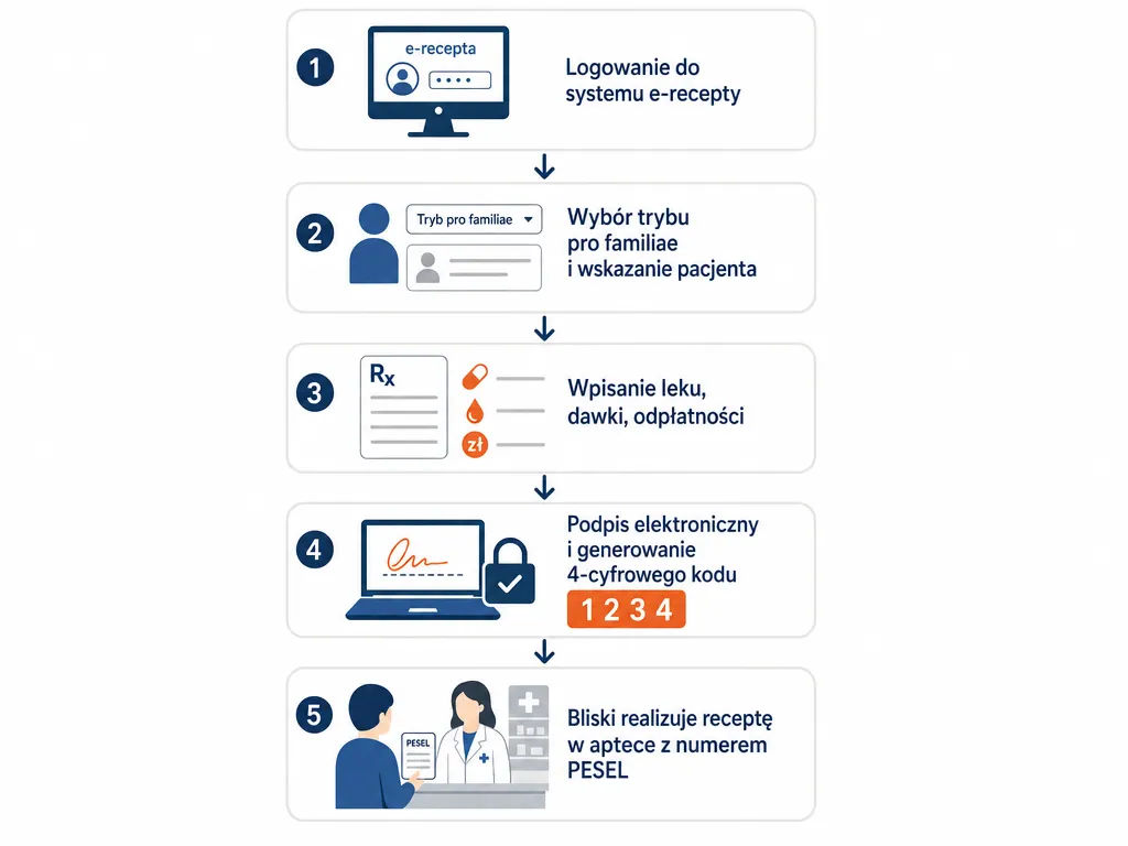 Diagram pięciu kroków wystawiania e-recepty pro familiae w systemie elektronicznym