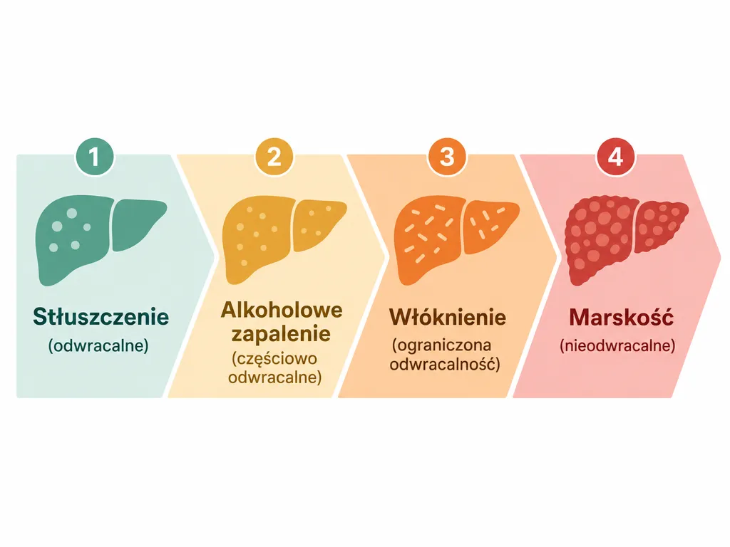 Diagram czterech etapów alkoholowej choroby wątroby od stłuszczenia do nieodwracalnej marskości