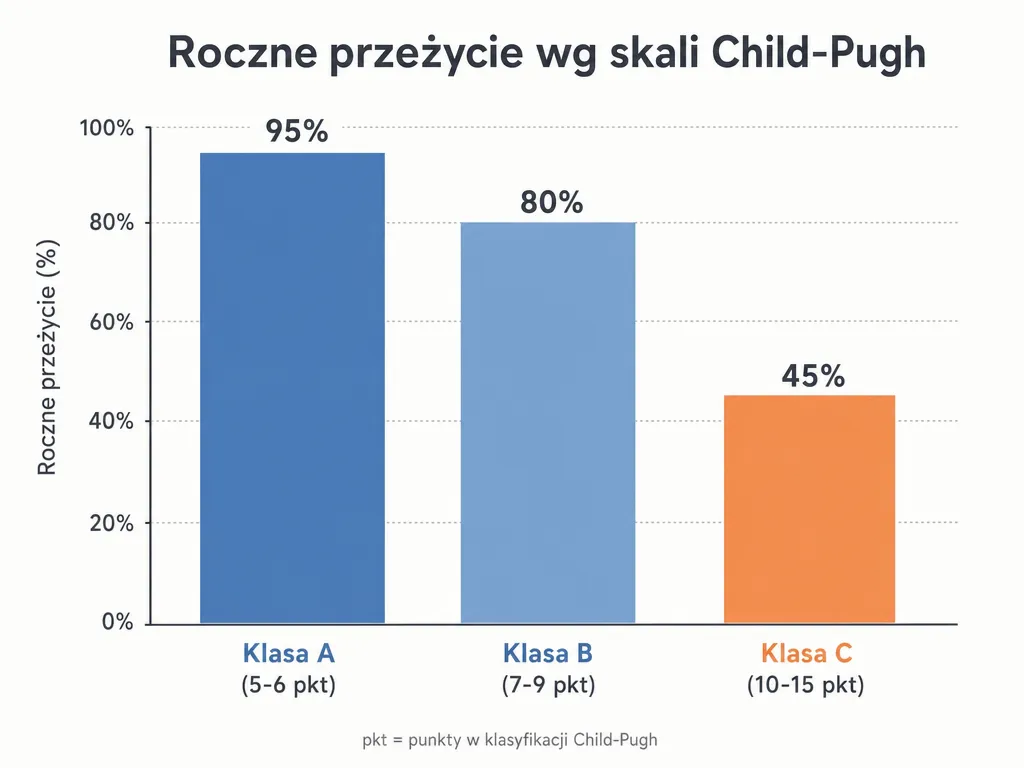 Wykres słupkowy rocznego przeżycia według klas skali Child-Pugh A, B i C