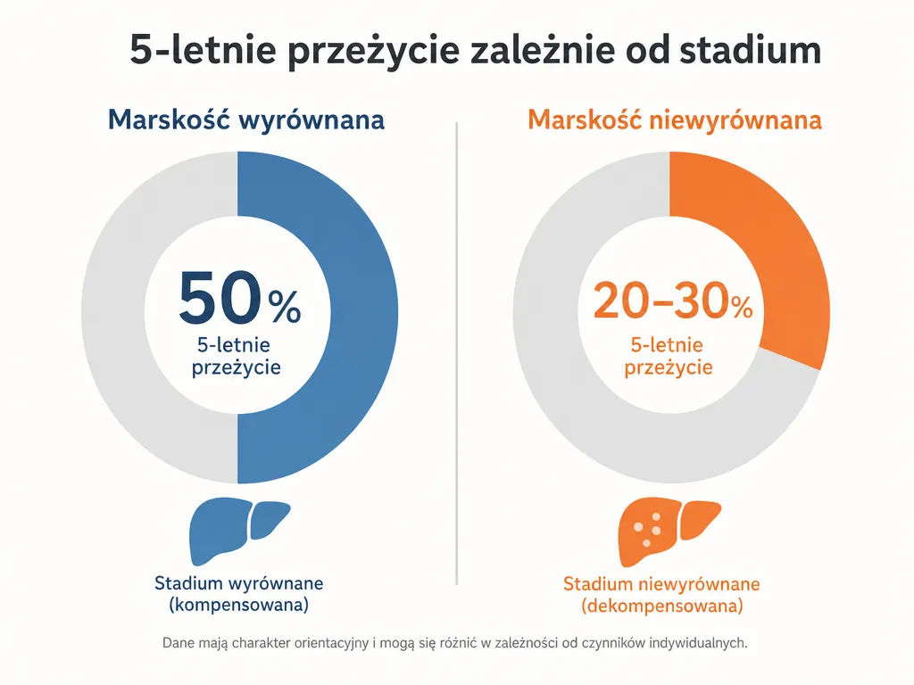 Porównanie 5-letniego przeżycia przy marskości wyrównanej i niewyrównanej