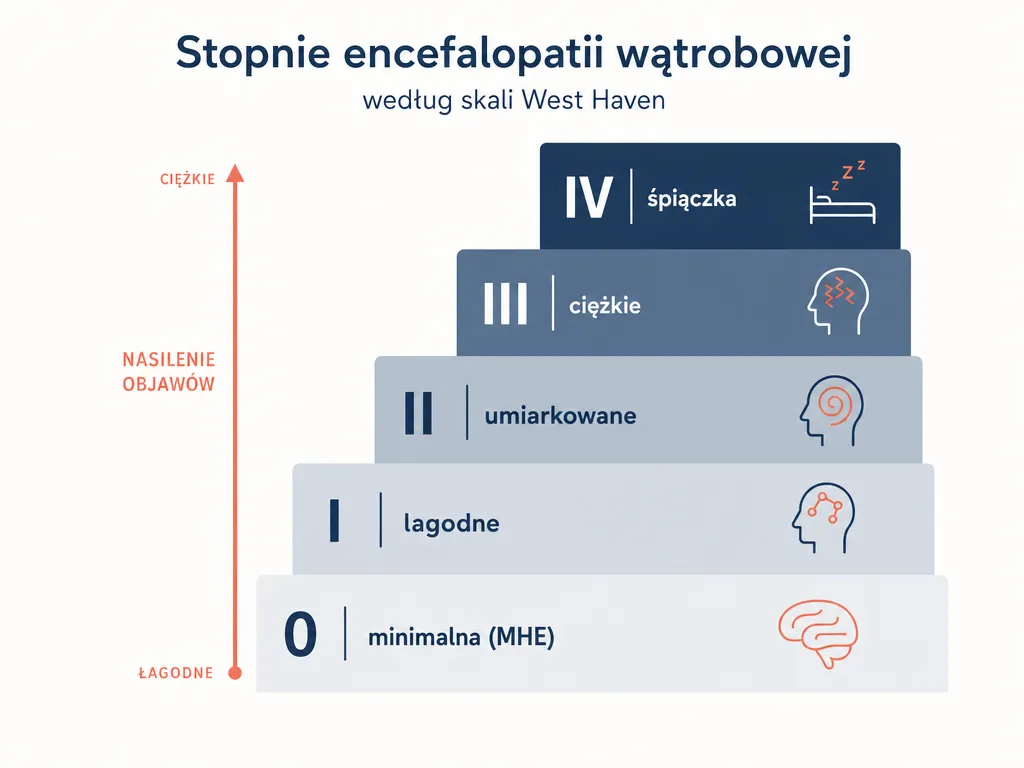 Diagram pięciu stopni encefalopatii wątrobowej według skali West Haven od stopnia 0 do IV