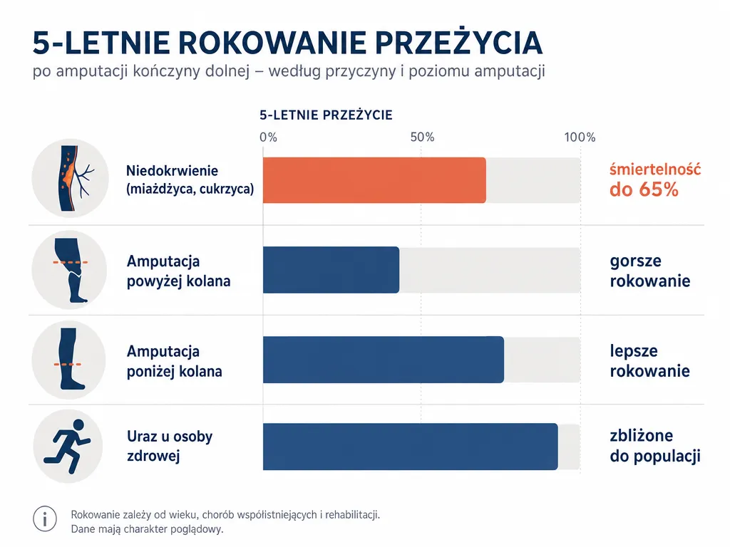 Infografika porównująca rokowanie 5-letnie po amputacji kończyny dolnej według przyczyny i poziomu zabiegu