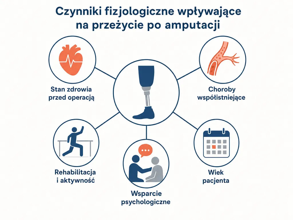 Diagram pokazujący pięć głównych czynników wpływających na długość życia po amputacji kończyny dolnej