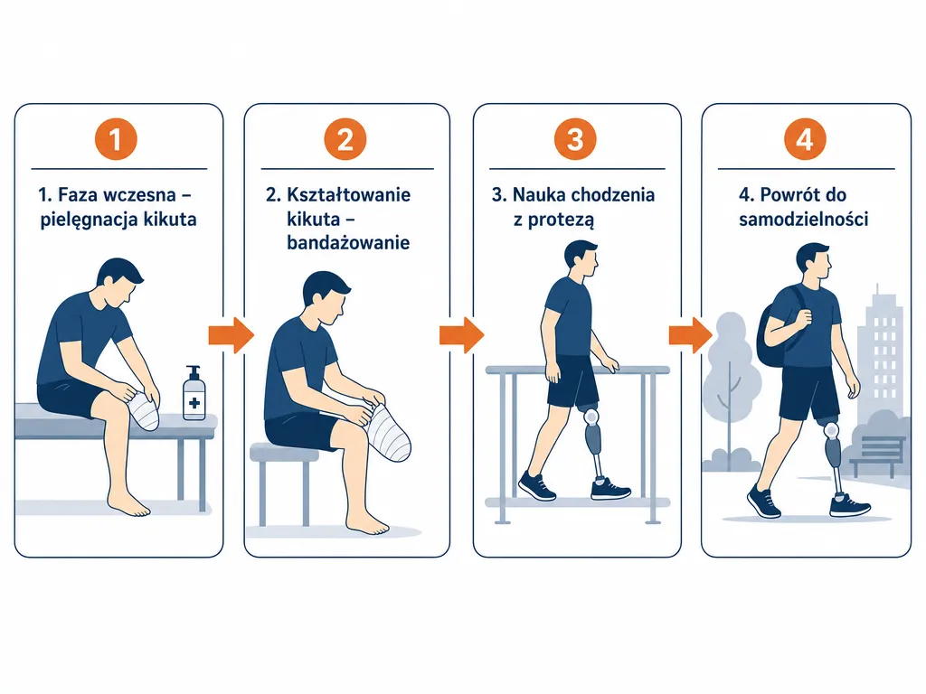 Diagram przedstawiający cztery etapy rehabilitacji po amputacji kończyny dolnej od fazy wczesnej do powrotu do samodzielności