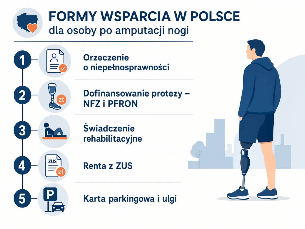 Infografika z listą form wsparcia dla osoby po amputacji nogi w Polsce: orzeczenie, dofinansowanie protezy, renta ZUS