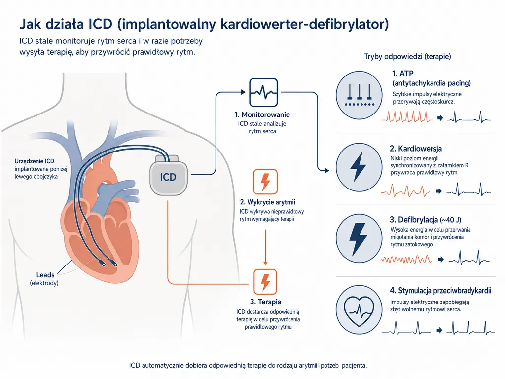 Diagram działania kardiowertera-defibrylatora ICD z czterema trybami reakcji: ATP, kardiowersja, defibrylacja i stymulacja antybradykardyczna