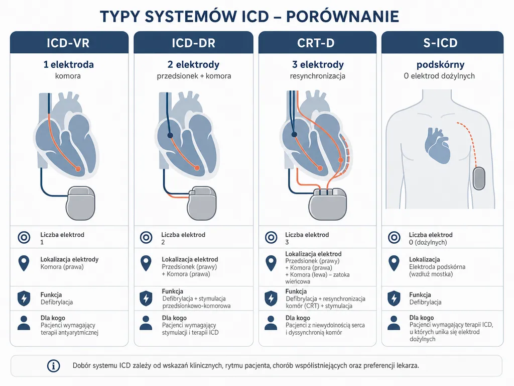 Infografika porównująca cztery typy układów ICD: ICD-VR, ICD-DR, CRT-D i S-ICD wraz z liczbą elektrod