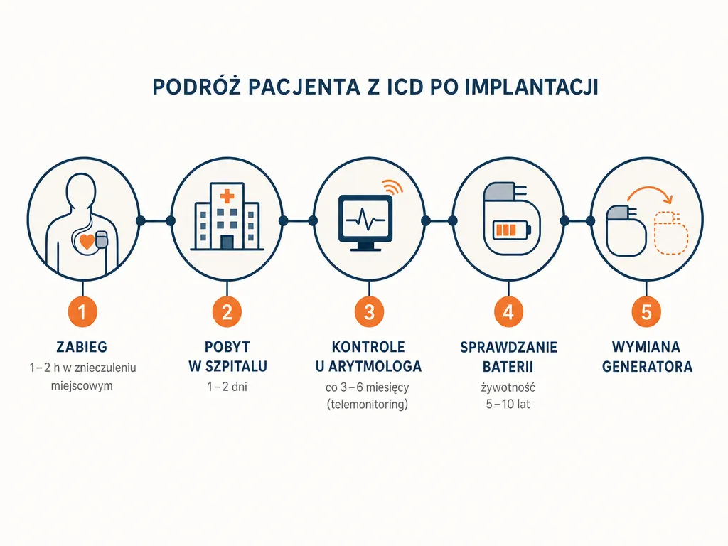 Oś czasu przedstawiająca przebieg zabiegu wszczepienia ICD i długoterminowej opieki: zabieg, hospitalizacja, kontrole, żywotność baterii i wymiana generatora