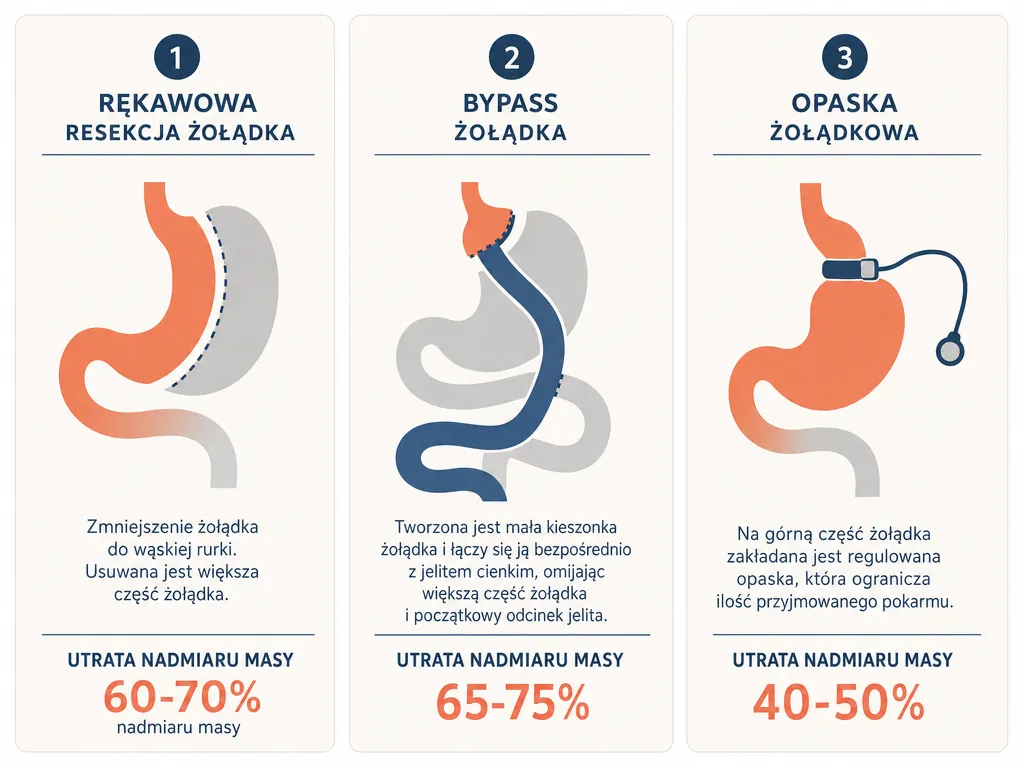 Infografika porównująca trzy metody operacji bariatrycznej: rękawową resekcję żołądka, ominięcie żołądkowo-jelitowe i opaskę żołądkową