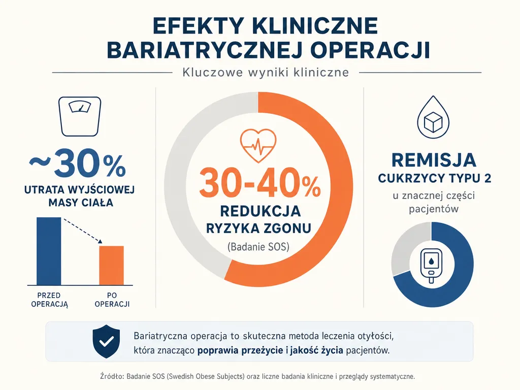 Infografika z twardymi danymi o wpływie operacji bariatrycznej: redukcja ryzyka zgonu o 30-40 procent według badania SOS