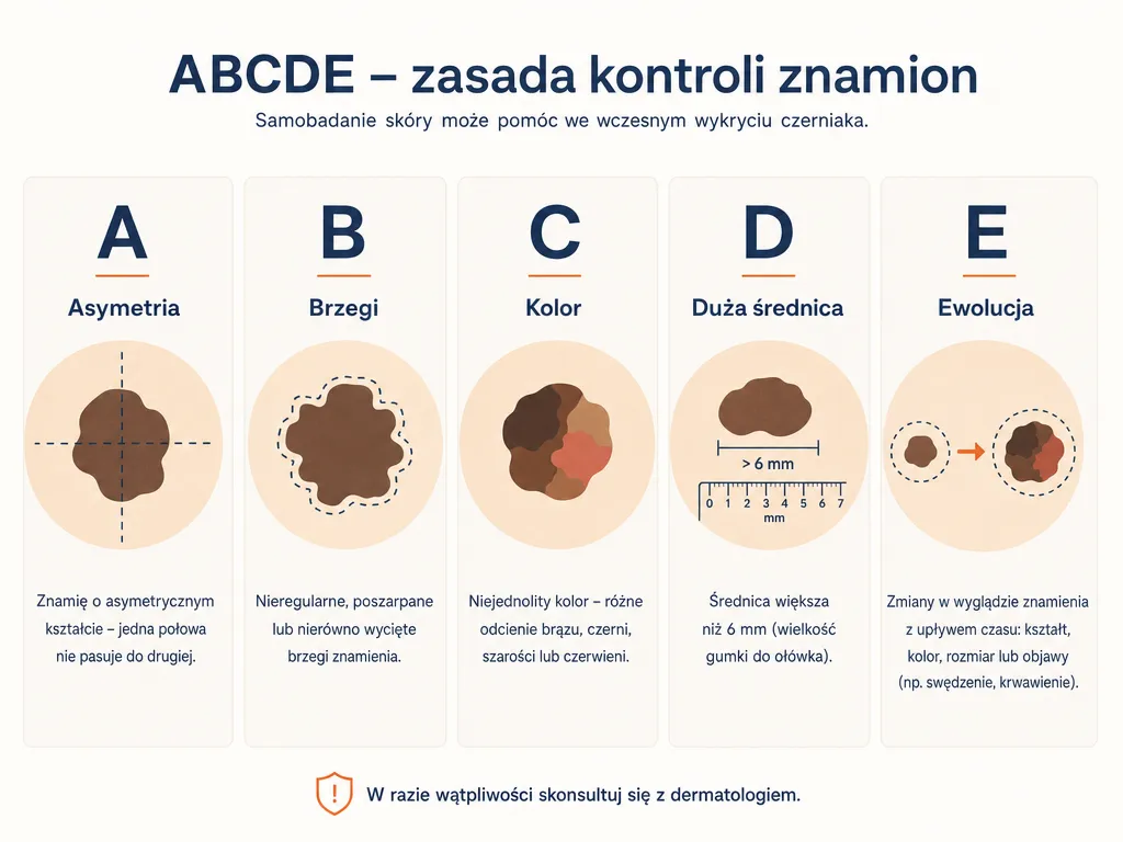 Infografika przedstawiająca regułę ABCDE do rozpoznawania czerniaka: asymetria, brzegi, kolor, średnica, ewolucja