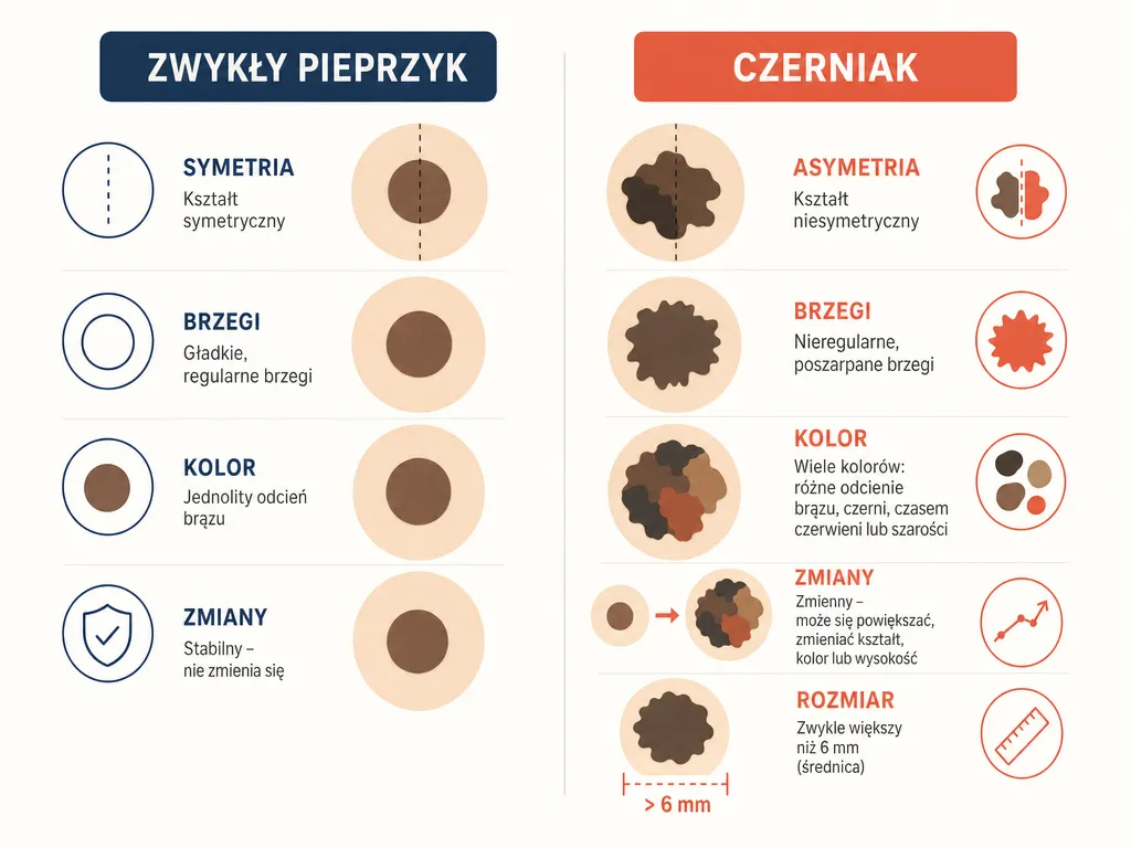 Infografika porównująca cechy zwykłego pieprzyka i czerniaka: kształt, brzegi, kolor, średnica