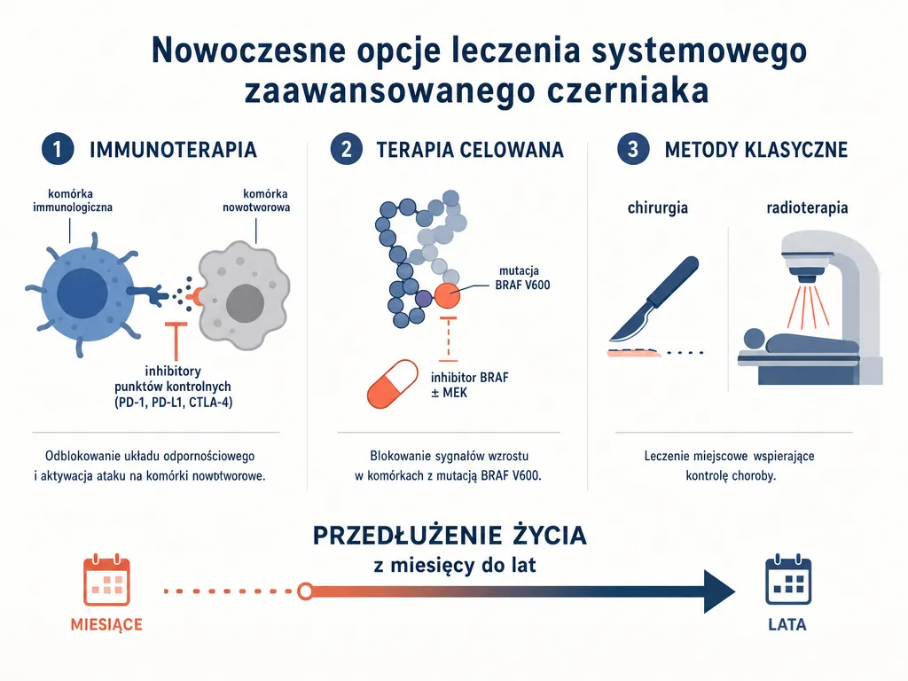 Diagram nowoczesnych metod leczenia czerniaka: immunoterapia, terapia celowana i metody klasyczne