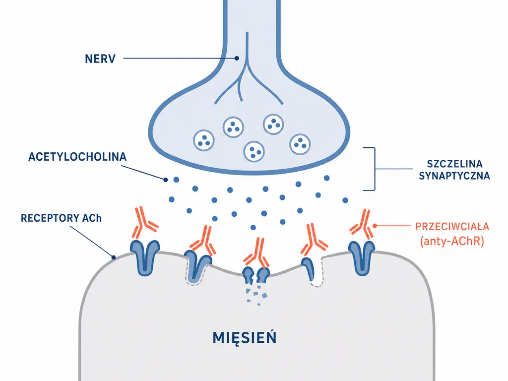 Diagram złącza nerwowo-mięśniowego w miastenii z przeciwciałami anty-AChR blokującymi receptory acetylocholiny