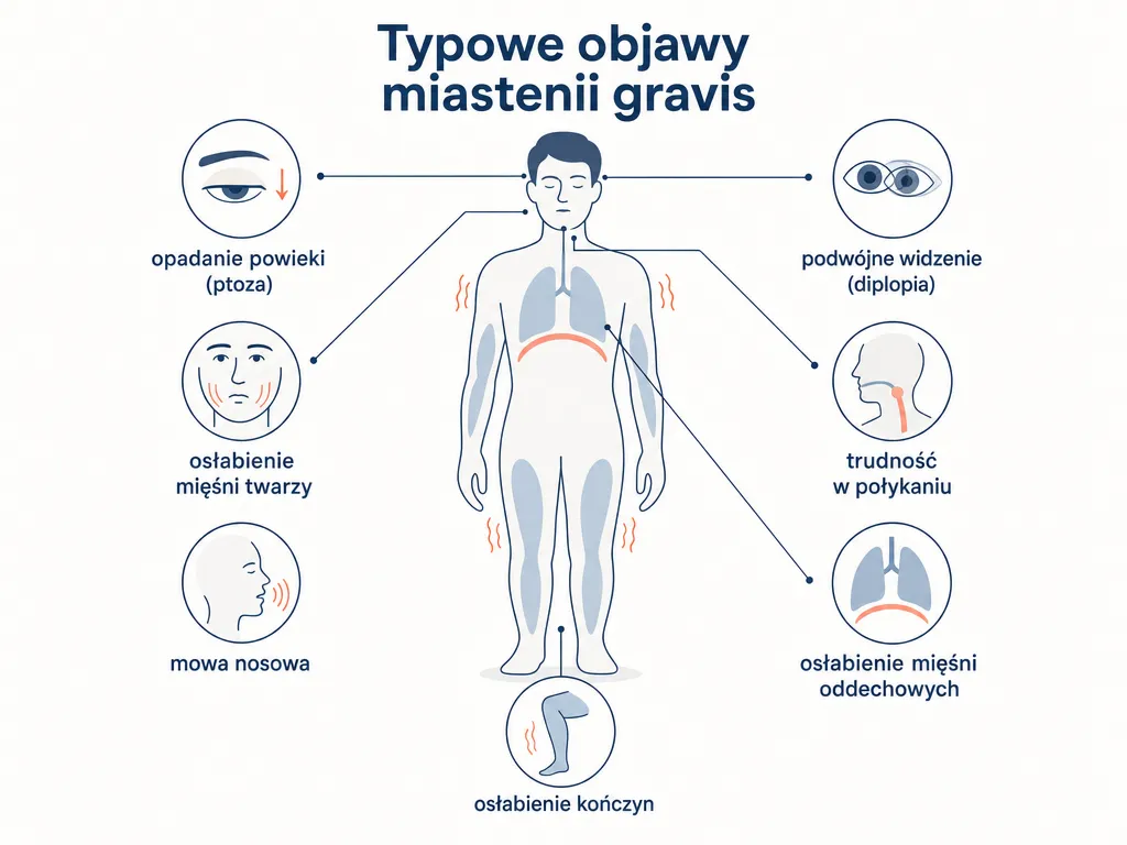 Infografika objawów miastenii: ptoza, podwójne widzenie, osłabienie mięśni twarzy, mowa nosowa, trudności w połykaniu