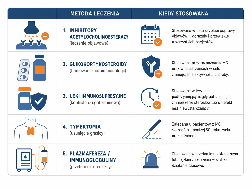 Infografika porównująca pięć metod leczenia miastenii i wskazania do ich stosowania