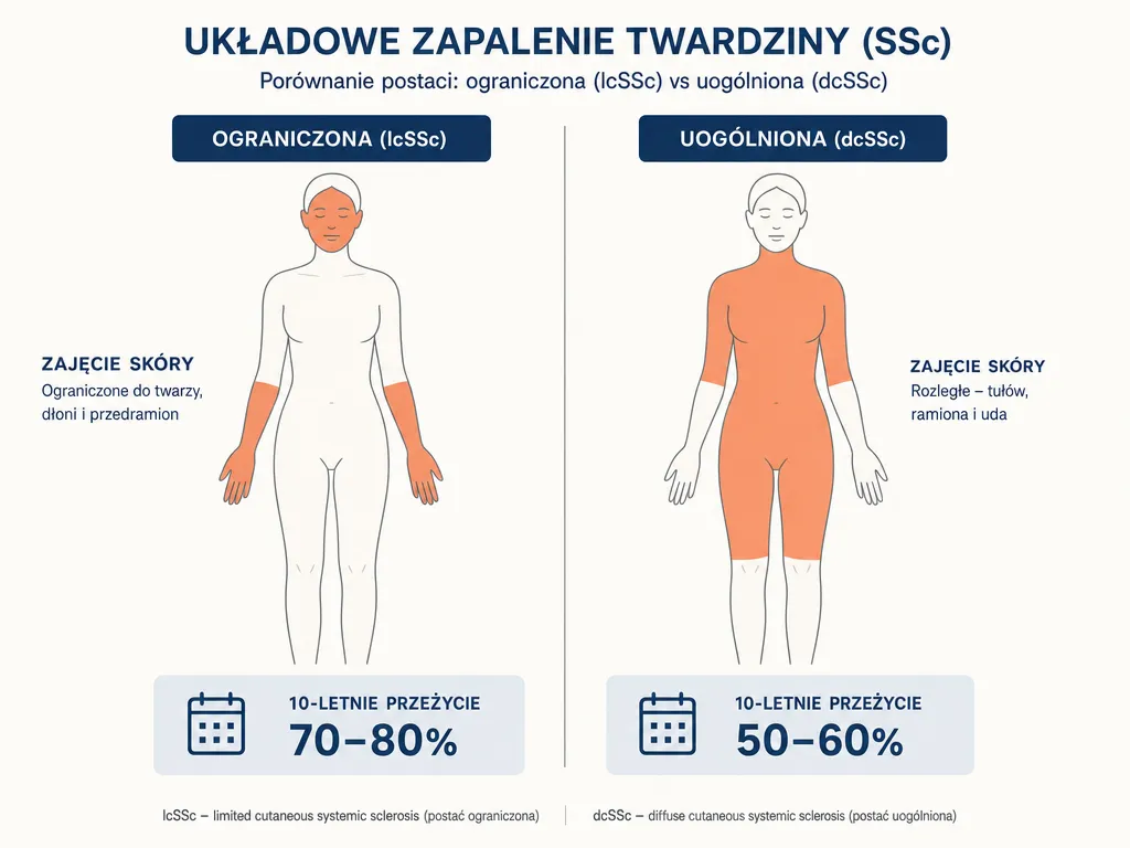 Infografika porównująca postać ograniczoną (lcSSc) i uogólnioną (dcSSc) twardziny układowej wraz z 10-letnim przeżyciem