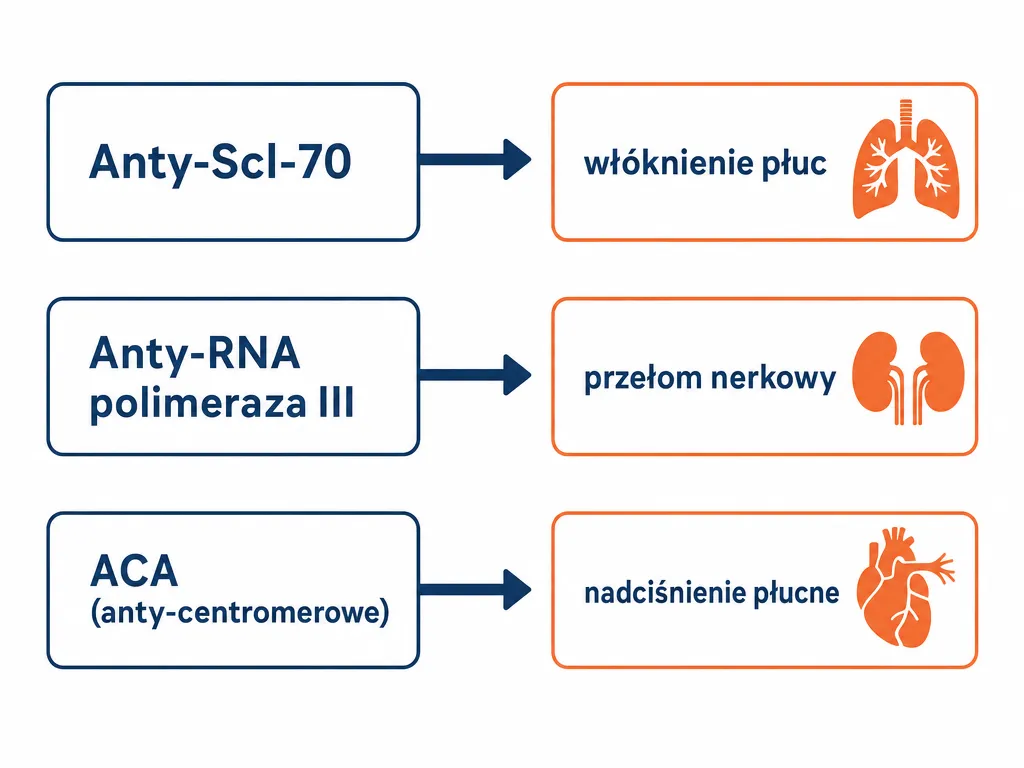 Diagram łączący przeciwciała anty-Scl-70, anty-RNA polimeraza III i ACA z odpowiadającymi im powikłaniami