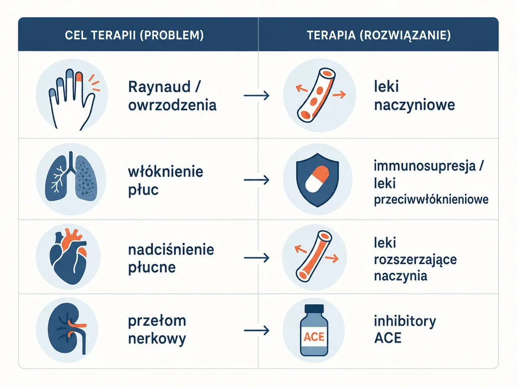 Infografika zestawiająca cele leczenia twardziny z odpowiednimi grupami leków