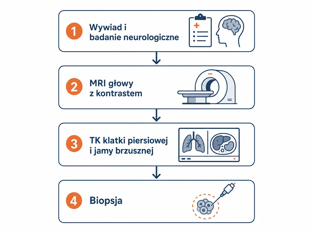 Diagram czterech kroków diagnostyki przerzutów do mózgu: wywiad neurologiczny, MRI z kontrastem, TK klatki piersiowej i jamy brzusznej, biopsja