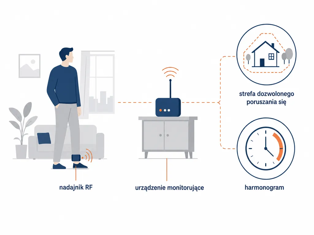 Diagram działania systemu dozoru elektronicznego: nadajnik RF na kostce, urządzenie monitorujące w domu i harmonogram