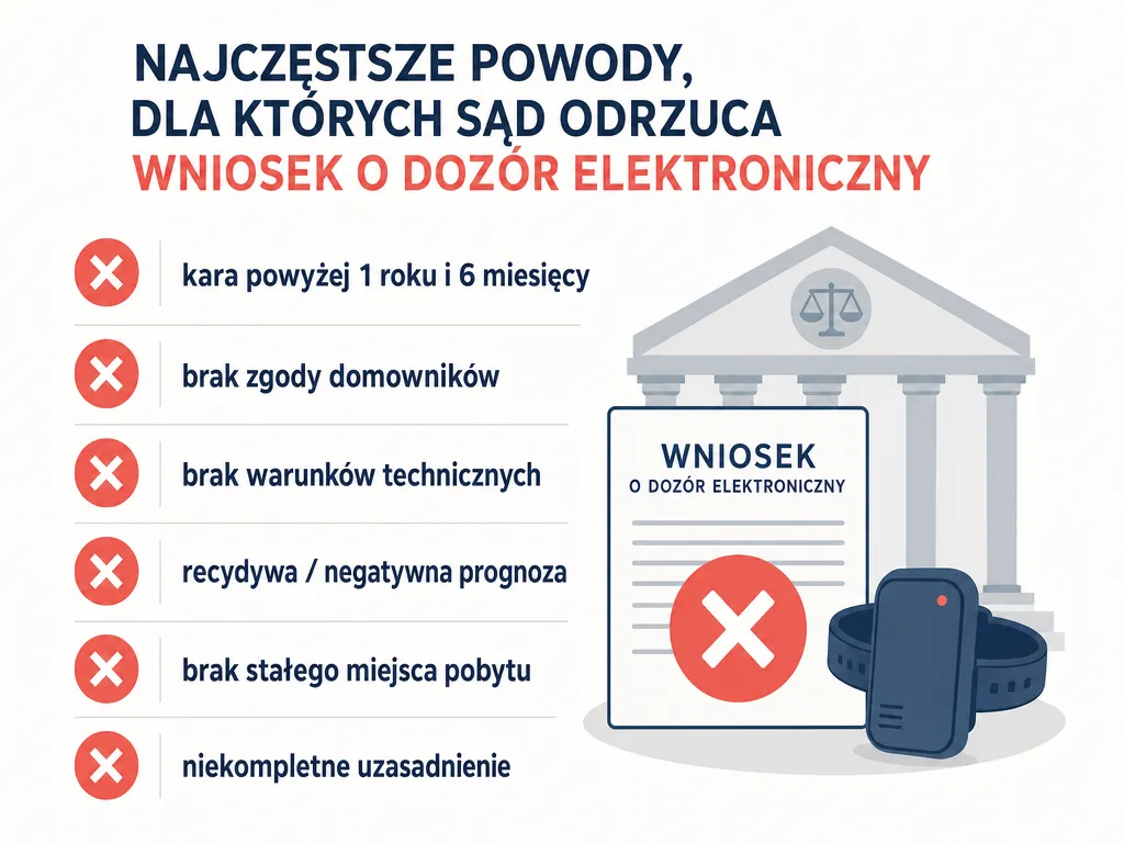 Infografika najczęstszych przyczyn odmowy udzielenia dozoru elektronicznego