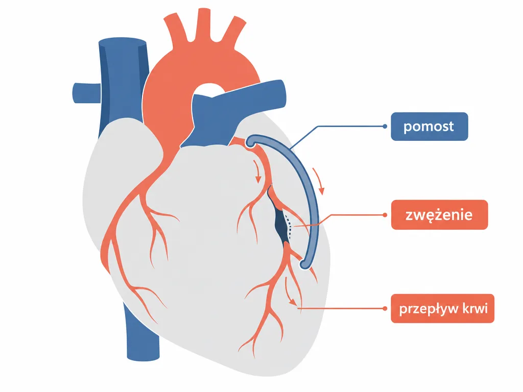 Schemat anatomiczny bajpasów sercowych pokazujący pomost omijający zwężoną tętnicę wieńcową