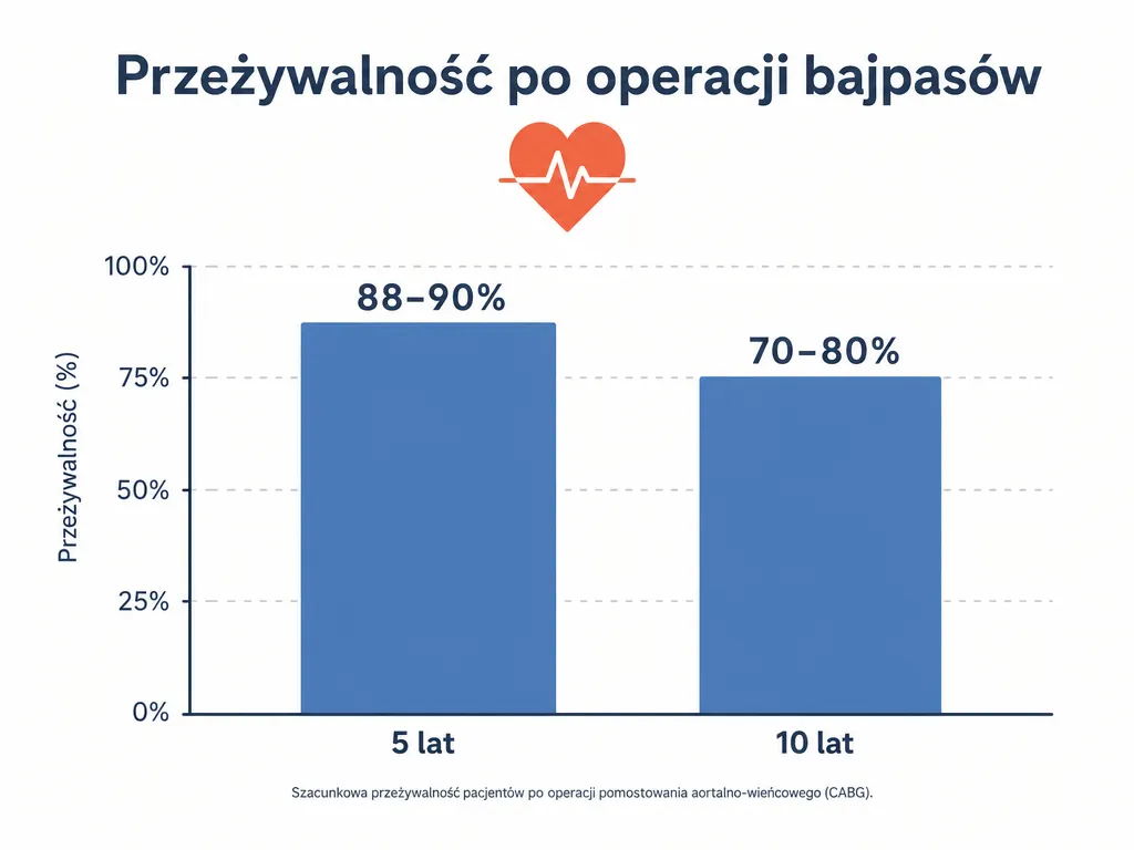 Wykres słupkowy przeżywalności po bajpasach: 88-90% po 5 latach i 70-80% po 10 latach