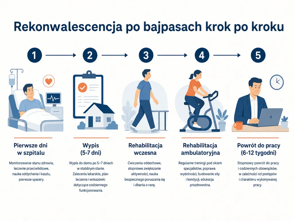 Oś czasu pięciu etapów rekonwalescencji po operacji bajpasów od szpitala do powrotu do pracy