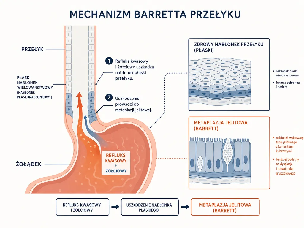Diagram mechanizmu powstawania przełyku Barretta - refluks kwasu i metaplazja jelitowa nabłonka